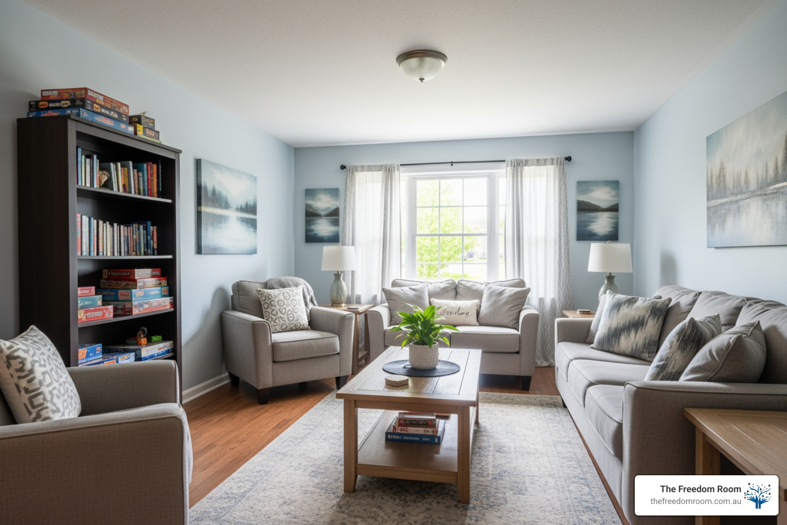 Interior of a clean and welcoming recovery residence living area, providing a safe space for individuals learning how to get into a sober living home.