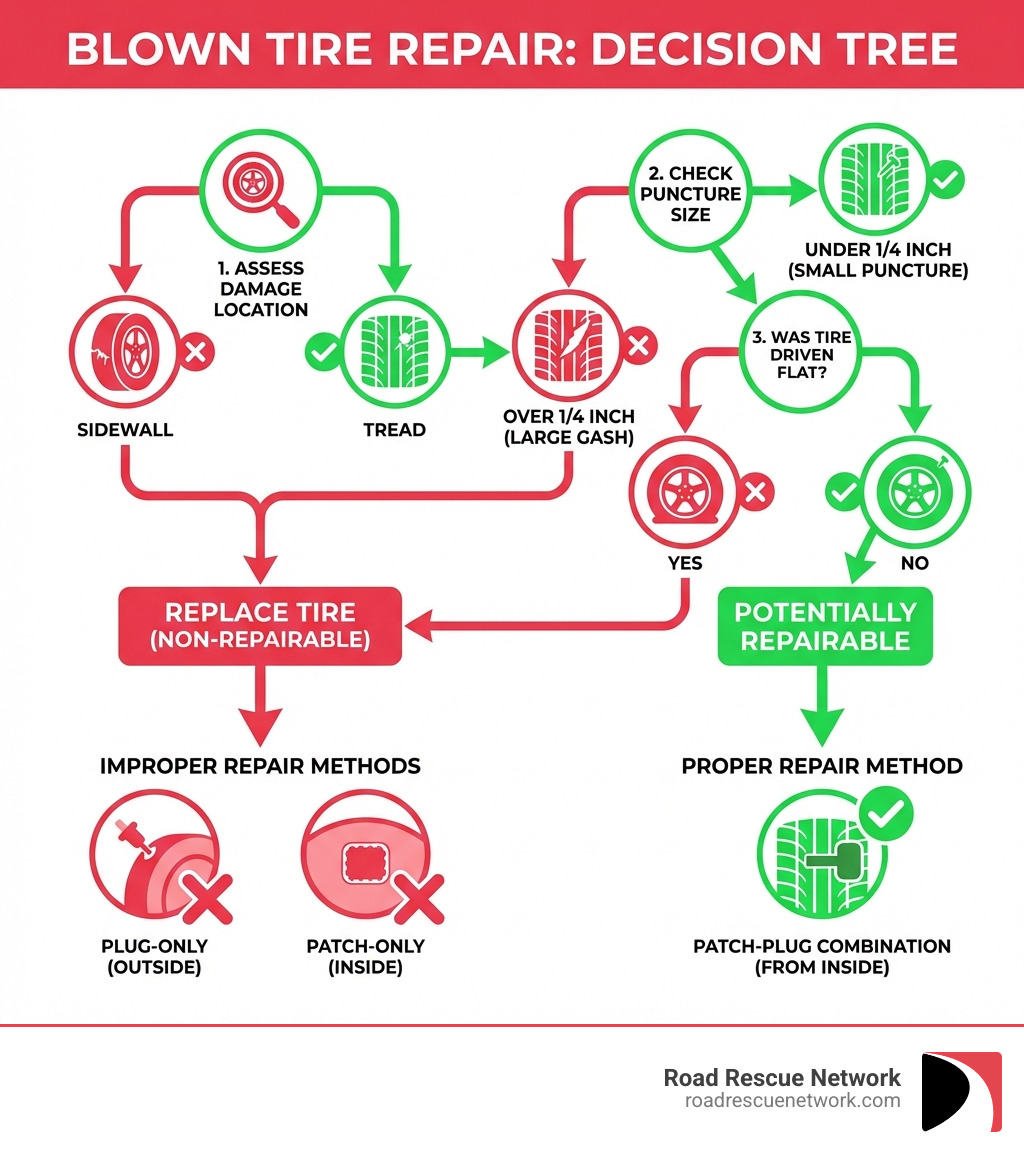 Infographic showing blown tire repair decision tree: First assess tire location of damage (sidewall vs tread), then check puncture size (under or over 1/4 inch), then determine if tire was driven flat (yes means replace, no means potentially repairable), finally show proper repair method (patch-plug combination from inside) versus improper methods (plug-only or patch-only), with clear icons indicating repairable scenarios in green and non-repairable scenarios in red - Blown tire repair infographic 