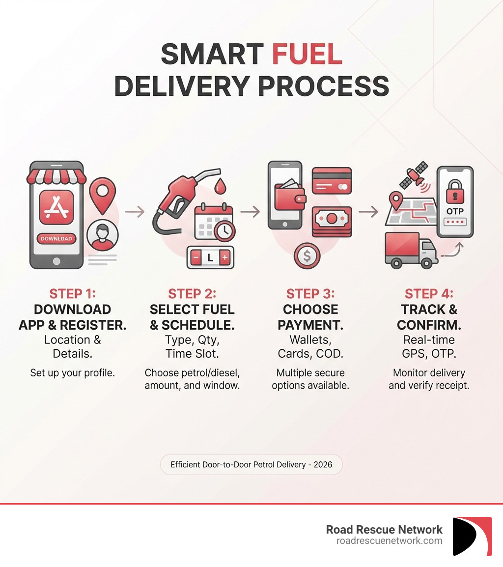 Infographic showing the 4-step process: Step 1 - Download app and register with location details. Step 2 - Select fuel type, quantity, and delivery time slot. Step 3 - Choose payment method from multiple options including digital wallets, cards, or cash on delivery. Step 4 - Track delivery in real-time via GPS and confirm receipt with OTP verification - door to door petrol delivery infographic 