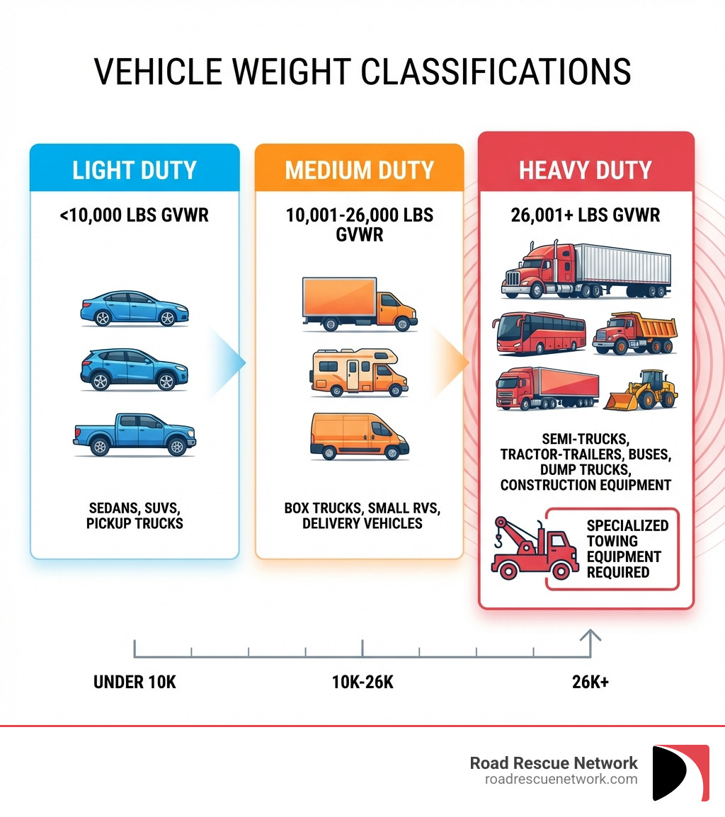 Infographic showing vehicle weight classifications: Light Duty (under 10,000 lbs GVWR) includes sedans, SUVs, and pickup trucks; Medium Duty (10,001-26,000 lbs) includes box trucks, small RVs, and delivery vehicles; Heavy Duty (26,001+ lbs) includes semi-trucks, tractor-trailers, buses, dump trucks, and construction equipment with specialized towing equipment required - heavy duty tow truck near me infographic 