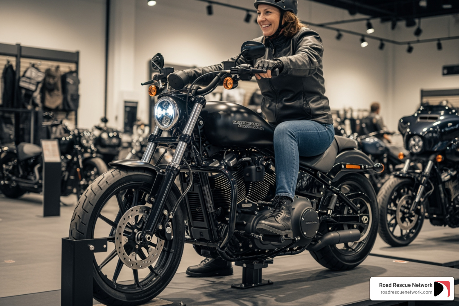 A Harley-Davidson motorcycle securely mounted on the JUMPSTART™ stationary platform, with a person sitting on it and smiling - harley-davidson jumpstart near me