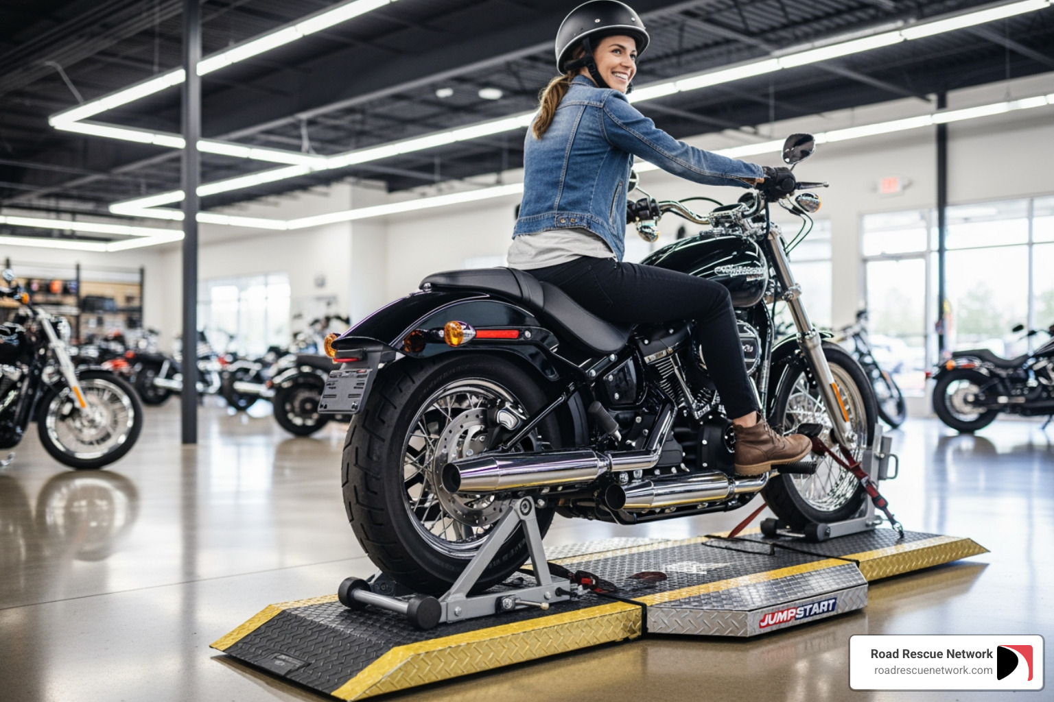 Image showing the secure fastening of the motorcycle to the JUMPSTART™ platform, emphasizing stability - harley-davidson jumpstart near me