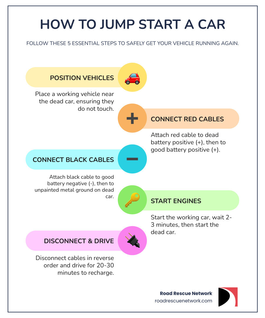 Infographic showing the 5 main steps to safely jump start a car: 1. Position vehicles close but not touching, 2. Connect red cables to positive terminals on both batteries, 3. Connect black cable to good battery negative and ground point on dead car, 4. Start working car then dead car, 5. Disconnect in reverse order and drive 20-30 minutes - jump start help infographic infographic-line-5-steps-colors Infographic showing the 5 main steps to safely jump start a car: 1. Position vehicles close but not touching, 2. Connect red cables to positive terminals on both batteries, 3. Connect black cable to good battery negative and ground point on dead car, 4. Start working car then dead car, 5. Disconnect in reverse order and drive 20-30 minutes - jump start help infographic infographic-line-5-steps-colors