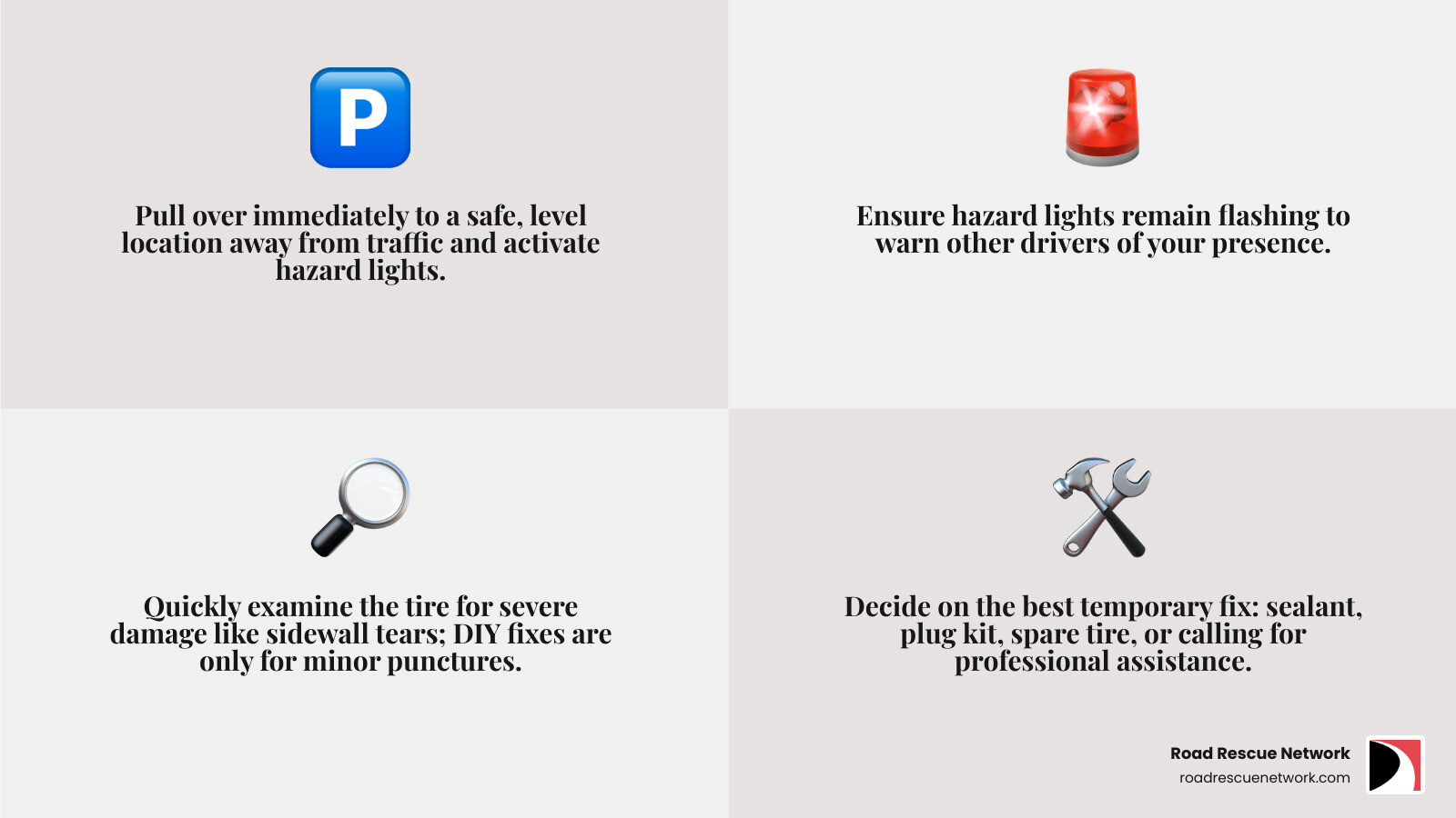 infographic showing immediate steps for a flat tire emergency - Emergency flat repair infographic 4_facts_emoji_grey