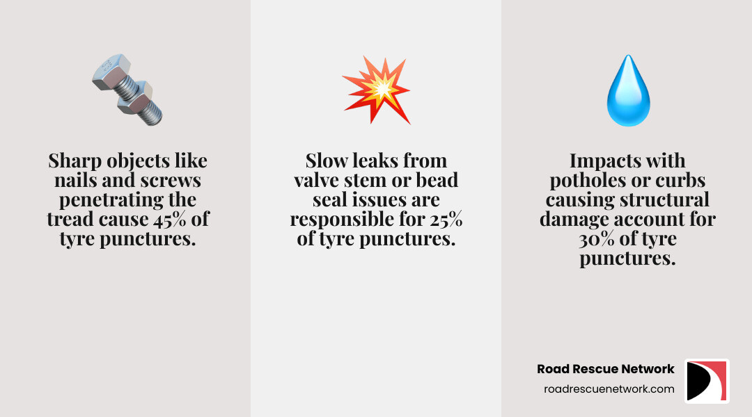 infographic showing the three main causes of tyre punctures: sharp objects like nails and screws penetrating the tread (45%), impacts with potholes or curbs causing structural damage (30%), and slow leaks from valve stem or bead seal issues (25%) - cheap tyre repair infographic 3_facts_emoji_grey infographic showing the three main causes of tyre punctures: sharp objects like nails and screws penetrating the tread (45%), impacts with potholes or curbs causing structural damage (30%), and slow leaks from valve stem or bead seal issues (25%) - cheap tyre repair infographic 3_facts_emoji_grey