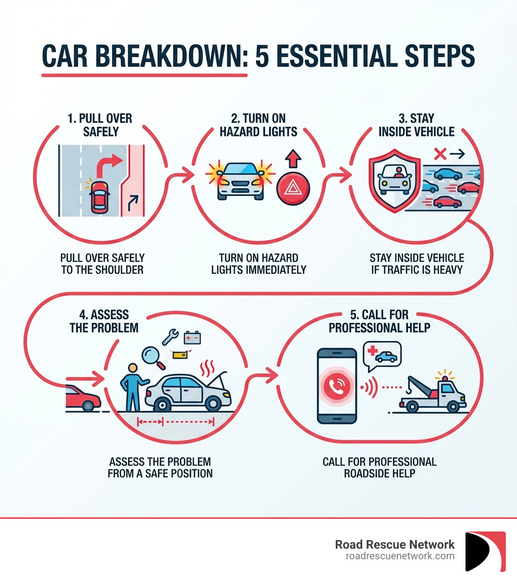Infographic showing 5 steps when your car breaks down: 1. Pull over safely to the shoulder, 2. Turn on hazard lights immediately, 3. Stay inside your vehicle if traffic is heavy, 4. Assess the problem from a safe position, 5. Call for professional roadside help - roadside assistance without membership infographic 