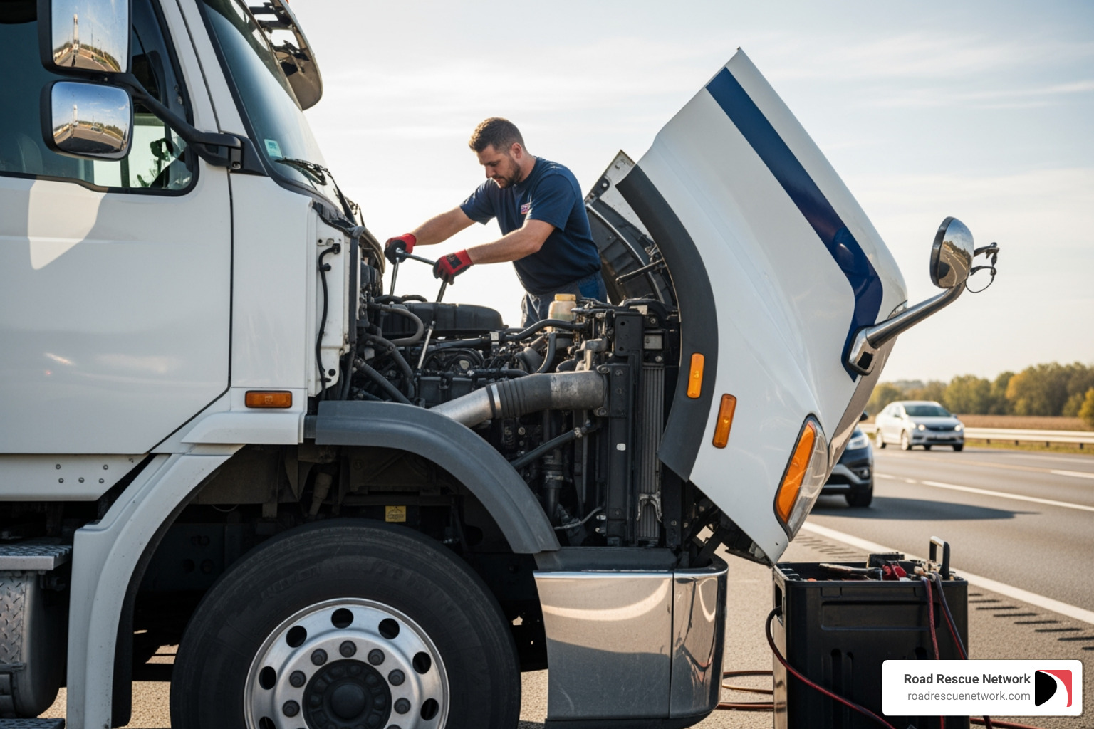 mobile mechanic working on truck engine by roadside - big truck mobile mechanic near me