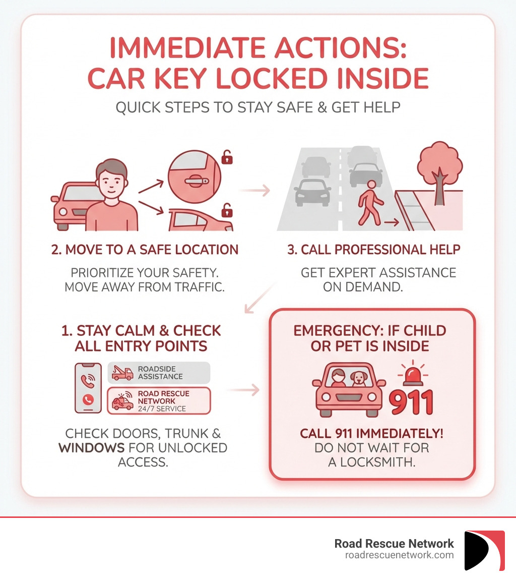 Infographic showing the immediate steps when your car key is locked inside: Step 1 - Stay calm and check all doors, trunk, and windows for unlocked entry points. Step 2 - Move to a safe location away from traffic if needed. Step 3 - Call professional help: roadside assistance, locksmith, or Road Rescue Network 24/7 service. Emergency: If child or pet is inside, call 911 immediately. - car key locked infographic 