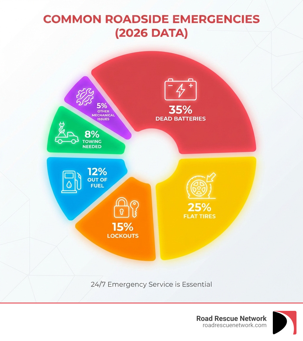 infographic showing breakdown of common roadside emergencies: 35% dead batteries, 25% flat tires, 15% lockouts, 12% out of fuel, 8% towing needed, 5% other mechanical issues - 24/7 emergency service infographic 