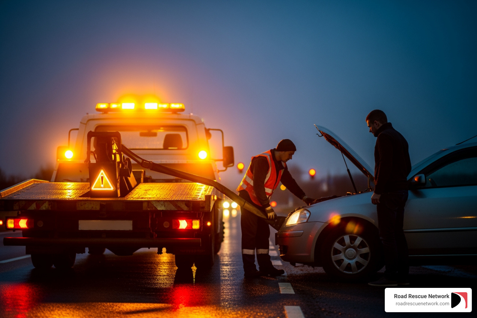 tow truck operator helping motorist at night - 24/7 emergency service