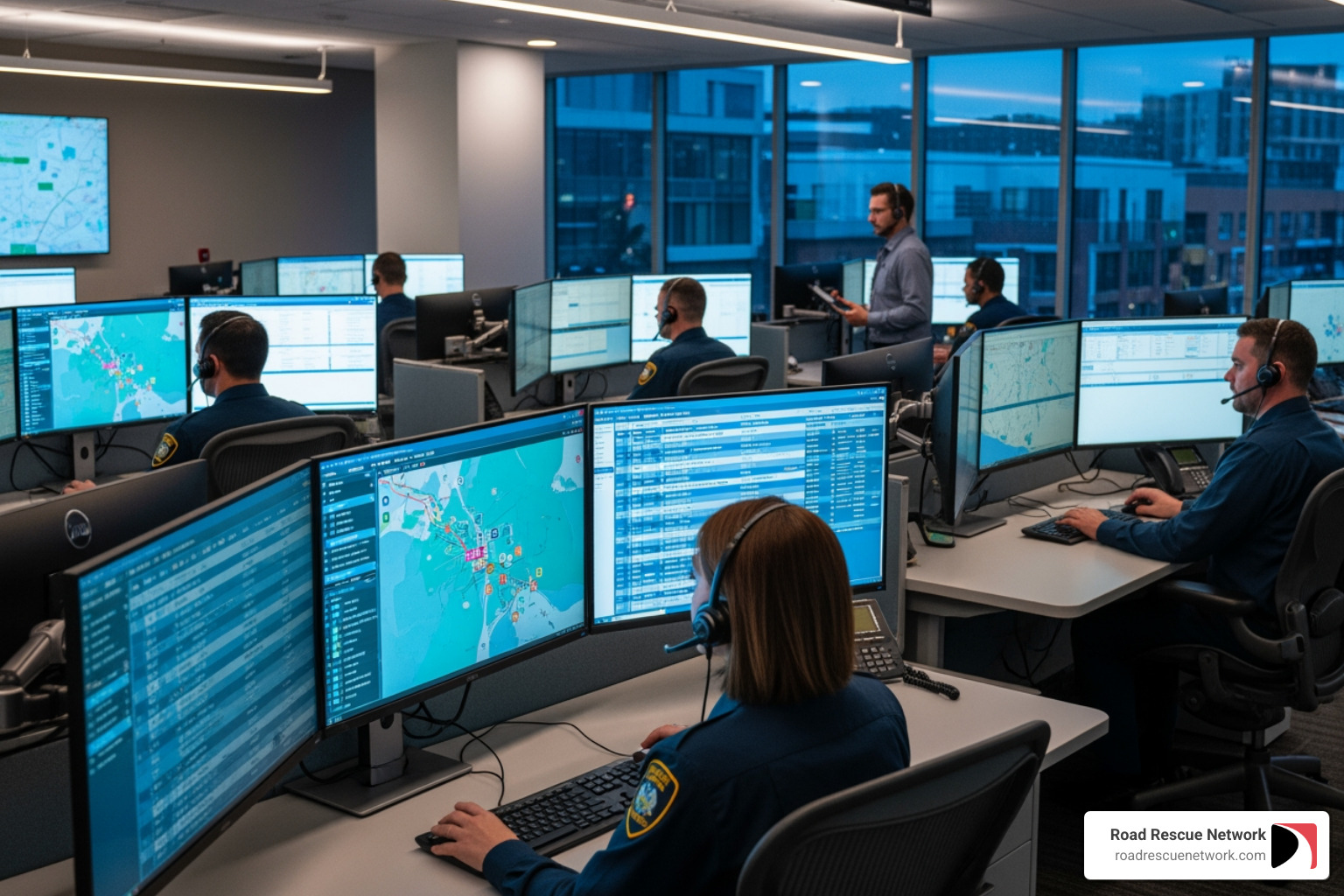 dispatch center with multiple screens and operators - 24/7 emergency service