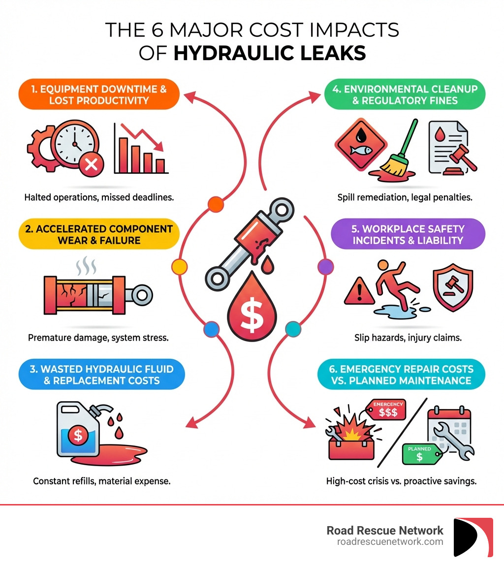 Infographic showing the 6 major cost impacts of hydraulic leaks: 1. Equipment downtime and lost productivity 2. Accelerated component wear and failure 3. Wasted hydraulic fluid and replacement costs 4. Environmental cleanup and regulatory fines 5. Workplace safety incidents and liability 6. Emergency repair costs vs. planned maintenance - hydraulic pipe repair infographic Infographic showing the 6 major cost impacts of hydraulic leaks: 1. Equipment downtime and lost productivity 2. Accelerated component wear and failure 3. Wasted hydraulic fluid and replacement costs 4. Environmental cleanup and regulatory fines 5. Workplace safety incidents and liability 6. Emergency repair costs vs. planned maintenance - hydraulic pipe repair infographic