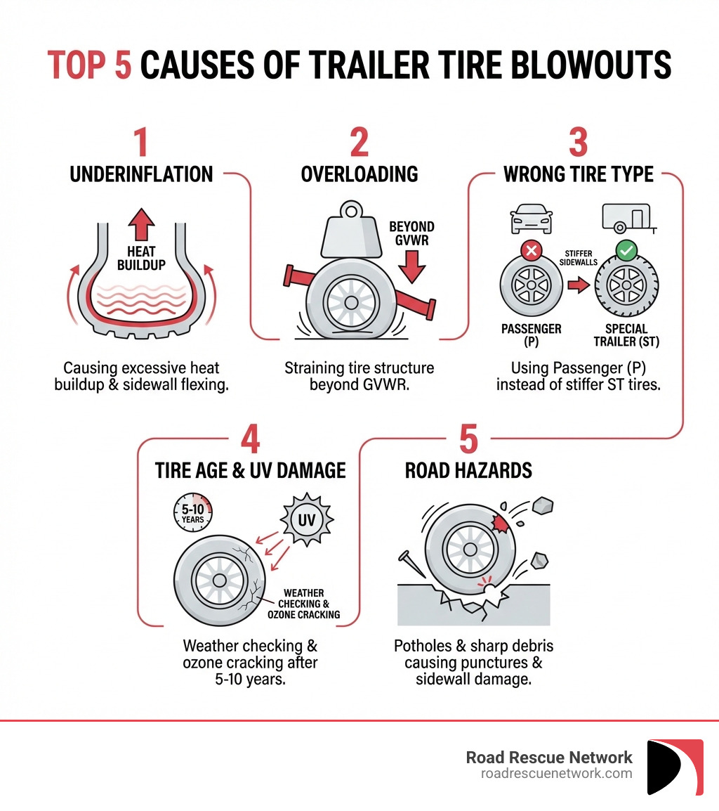 Infographic showing the top 5 causes of trailer tire blowouts: 1) Underinflation causing excessive heat buildup and sidewall flexing, 2) Overloading beyond GVWR straining tire structure, 3) Using wrong tire type - passenger tires instead of ST tires with stiffer sidewalls, 4) Tire age and UV damage causing weather checking and ozone cracking after 5-10 years, 5) Road hazards like potholes and sharp debris causing punctures and sidewall damage - blown trailer tire infographic Infographic showing the top 5 causes of trailer tire blowouts: 1) Underinflation causing excessive heat buildup and sidewall flexing, 2) Overloading beyond GVWR straining tire structure, 3) Using wrong tire type - passenger tires instead of ST tires with stiffer sidewalls, 4) Tire age and UV damage causing weather checking and ozone cracking after 5-10 years, 5) Road hazards like potholes and sharp debris causing punctures and sidewall damage - blown trailer tire infographic