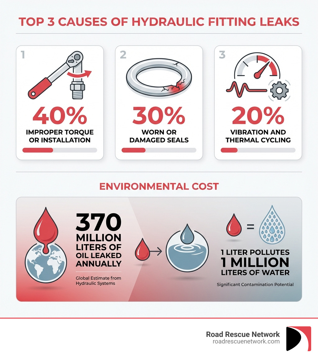 Infographic showing top 3 causes of hydraulic fitting leaks: 1) Improper torque or installation with wrench icon showing 40% of failures, 2) Worn or damaged seals with O-ring visual showing 30% of failures, 3) Vibration and thermal cycling with temperature gauge showing 20% of failures. Bottom section displays environmental cost: 370 million liters of oil leaked annually, 1 liter pollutes 1 million liters of water - hydraulic fitting leak repair infographic 