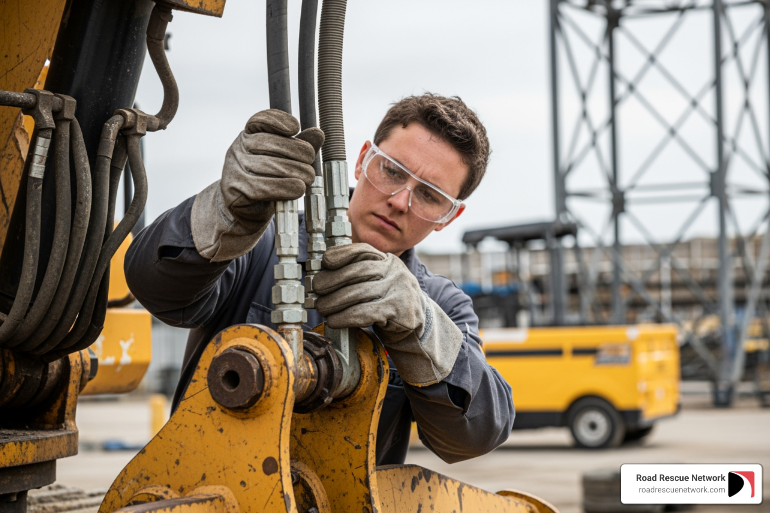 person wearing safety gear working on hydraulic system - hydraulic fitting leak repair
