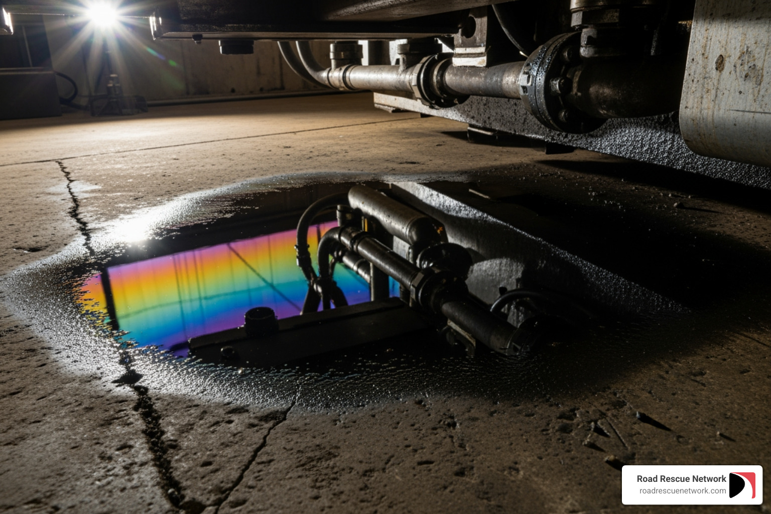 a puddle of hydraulic fluid under a piece of equipment - hydraulic pipe repair a puddle of hydraulic fluid under a piece of equipment - hydraulic pipe repair