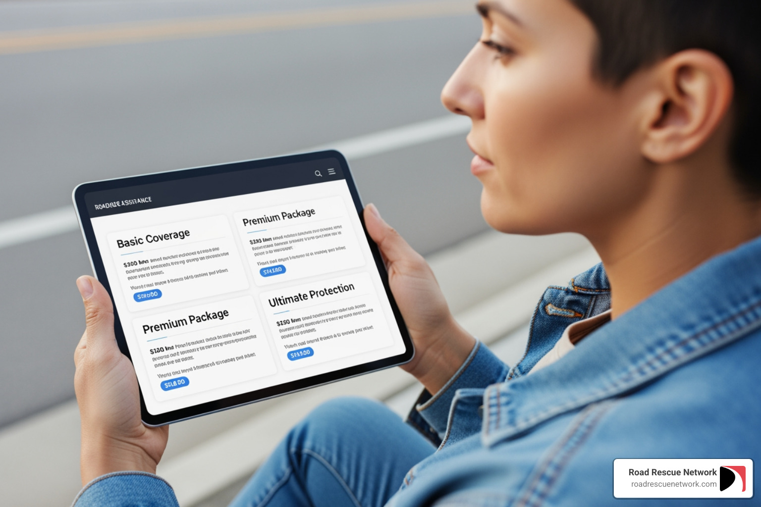 person comparing roadside assistance options on a tablet - Roadside assistance provider