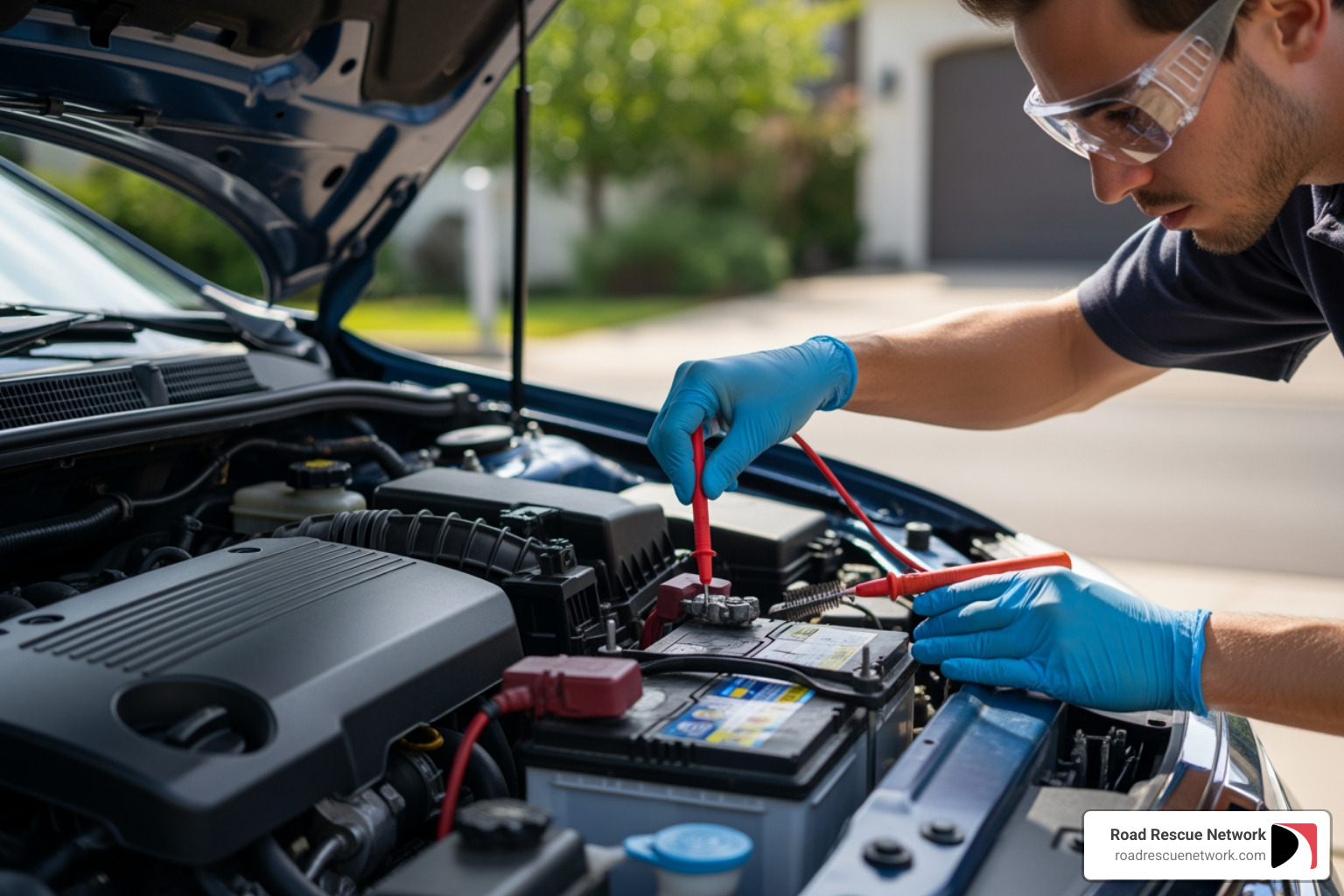 person wearing safety glasses and gloves checking a car battery - vehicle jump start person wearing safety glasses and gloves checking a car battery - vehicle jump start