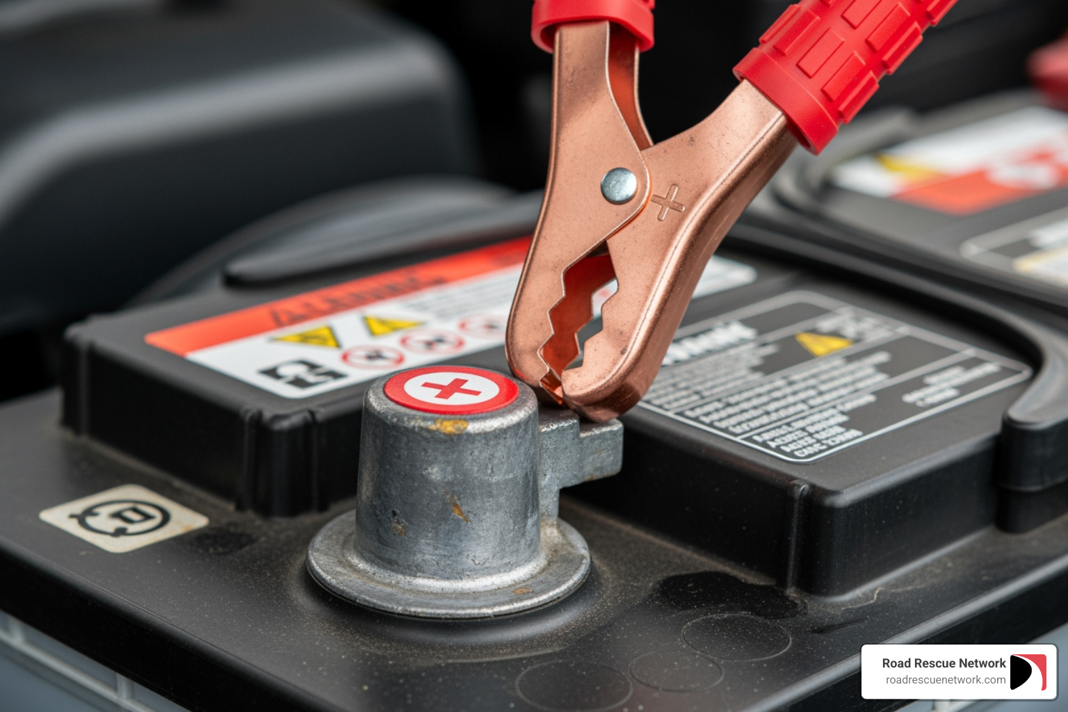 connecting a red jumper cable to a positive battery terminal - vehicle jump start connecting a red jumper cable to a positive battery terminal - vehicle jump start