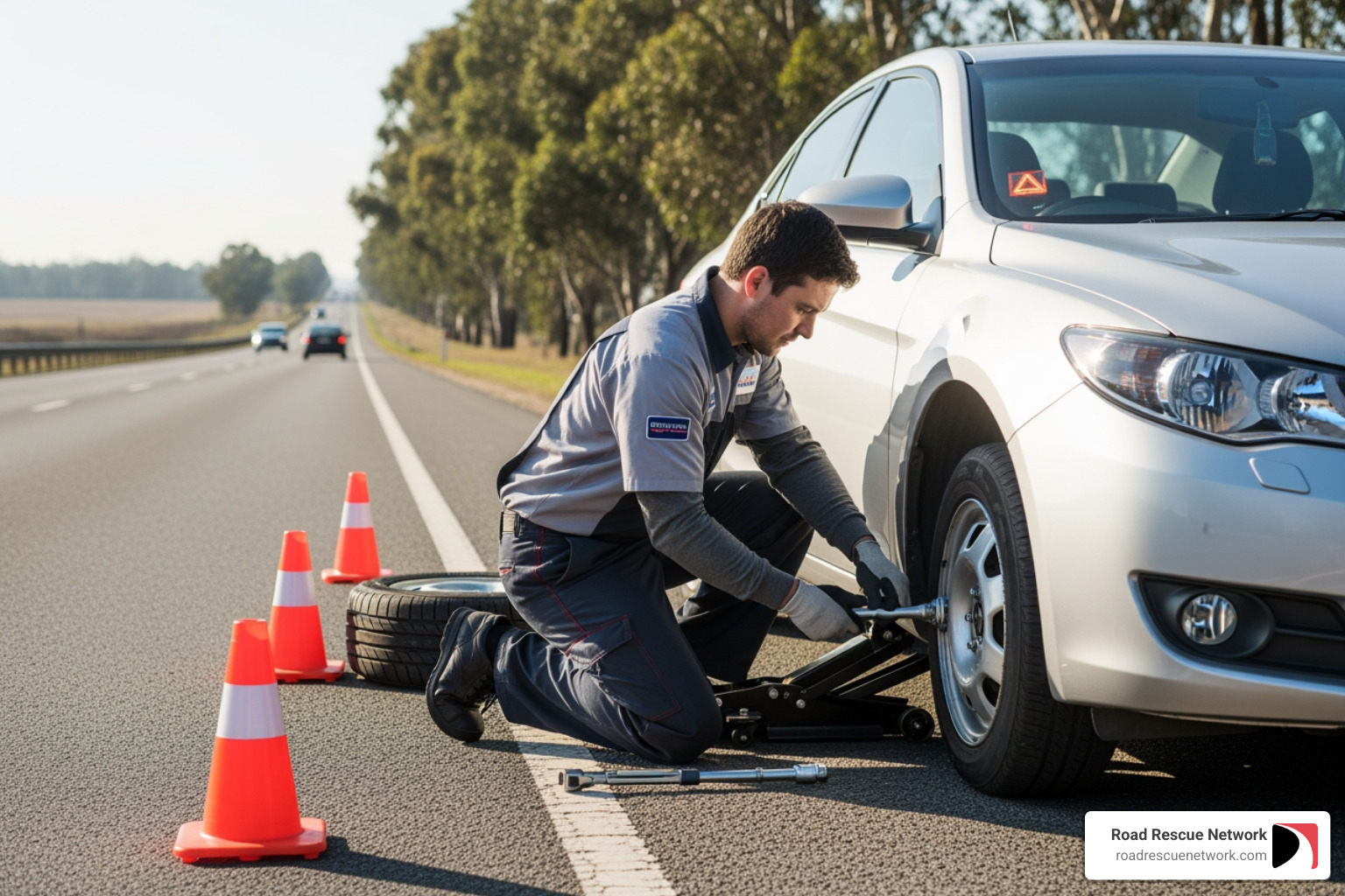 service technician changing a flat tire - roadside assistance membership plans 24 hour