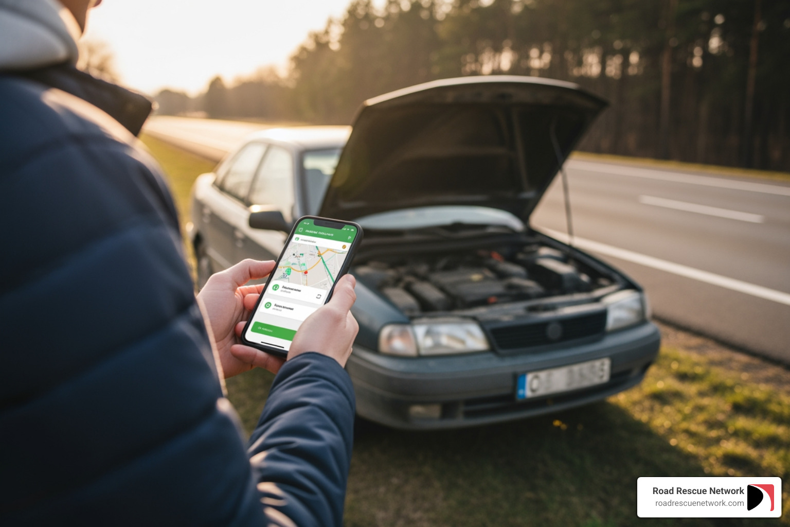 customer using pay-per-use app on phone - 24/7 car help