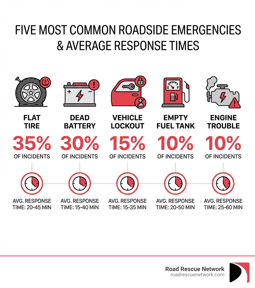Infographic showing the five most common roadside emergencies that require 24/7 car help: flat tire with 35% of incidents, dead battery with 30% of incidents, vehicle lockout with 15% of incidents, empty fuel tank with 10% of incidents, and engine trouble with 10% of incidents, along with average response times for each service type - 24/7 car help infographic 