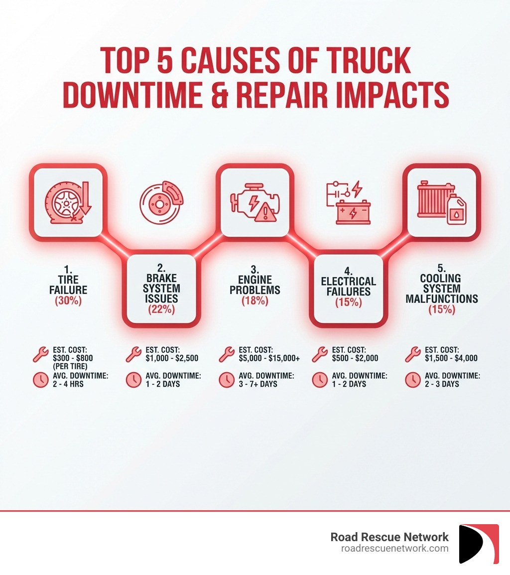 infographic showing top 5 causes of truck downtime: tire failure (30%), brake system issues (22%), engine problems (18%), electrical failures (15%), and cooling system malfunctions (15%), with estimated repair costs and average downtime for each - big rig repair infographic infographic showing top 5 causes of truck downtime: tire failure (30%), brake system issues (22%), engine problems (18%), electrical failures (15%), and cooling system malfunctions (15%), with estimated repair costs and average downtime for each - big rig repair infographic