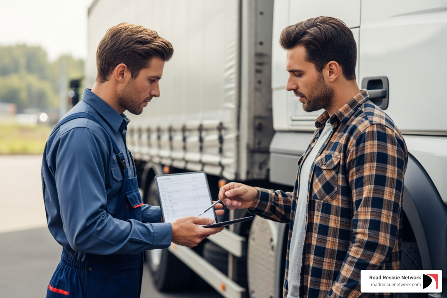 Mechanic presenting an itemized invoice to a truck driver - 24 hour mobile truck trailer repair and tire service cost Mechanic presenting an itemized invoice to a truck driver - 24 hour mobile truck trailer repair and tire service cost