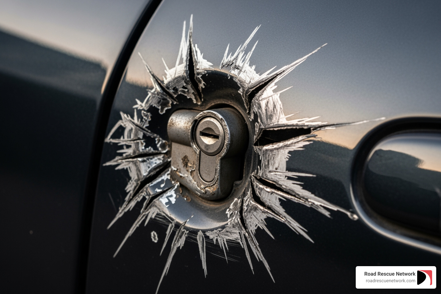 Image of a car door lock with visible scratches, indicating a failed DIY attempt - Locked keys in car Image of a car door lock with visible scratches, indicating a failed DIY attempt - Locked keys in car