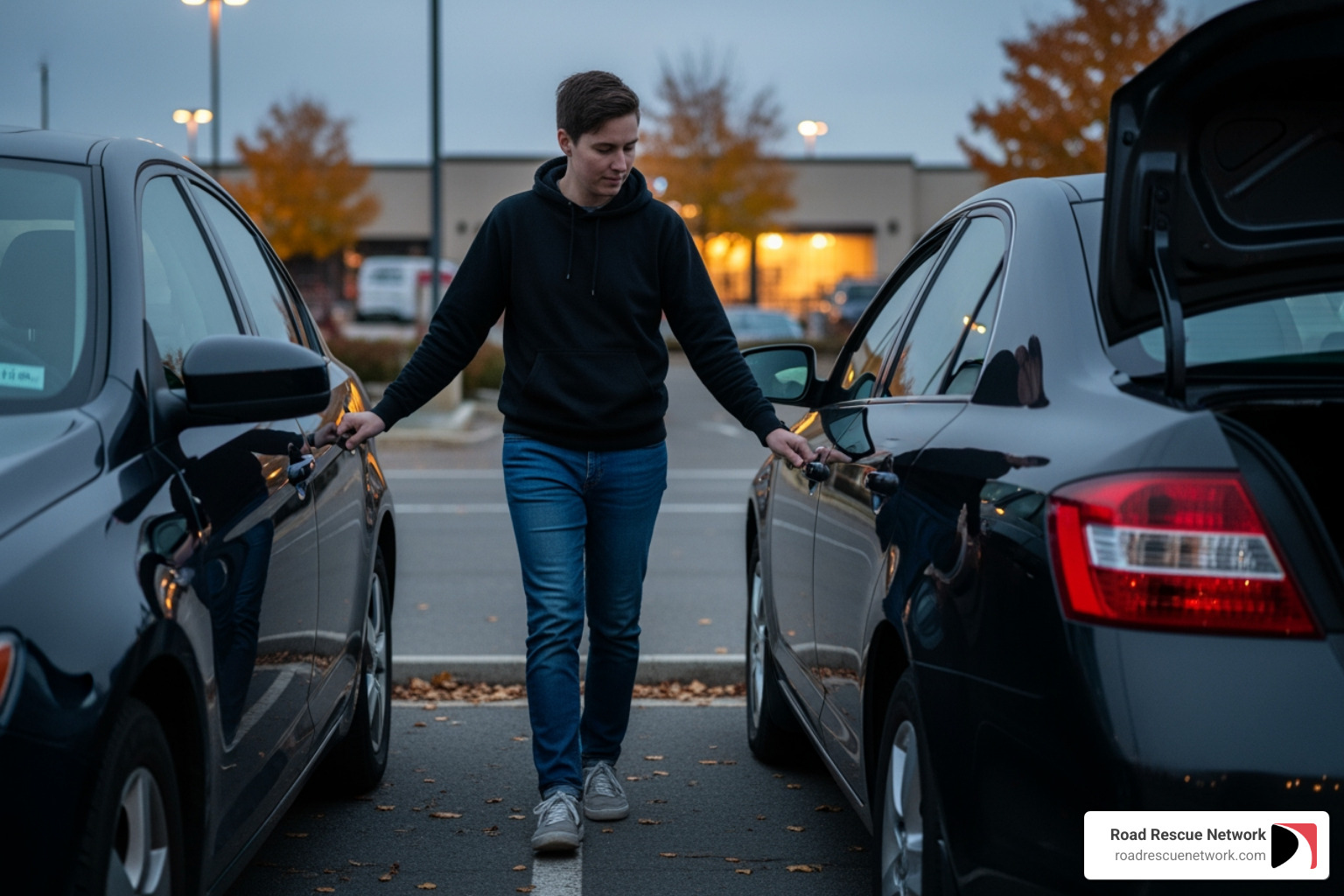 Person calmly checking all car doors and the trunk for an unlocked entry point - Locked keys in car Person calmly checking all car doors and the trunk for an unlocked entry point - Locked keys in car