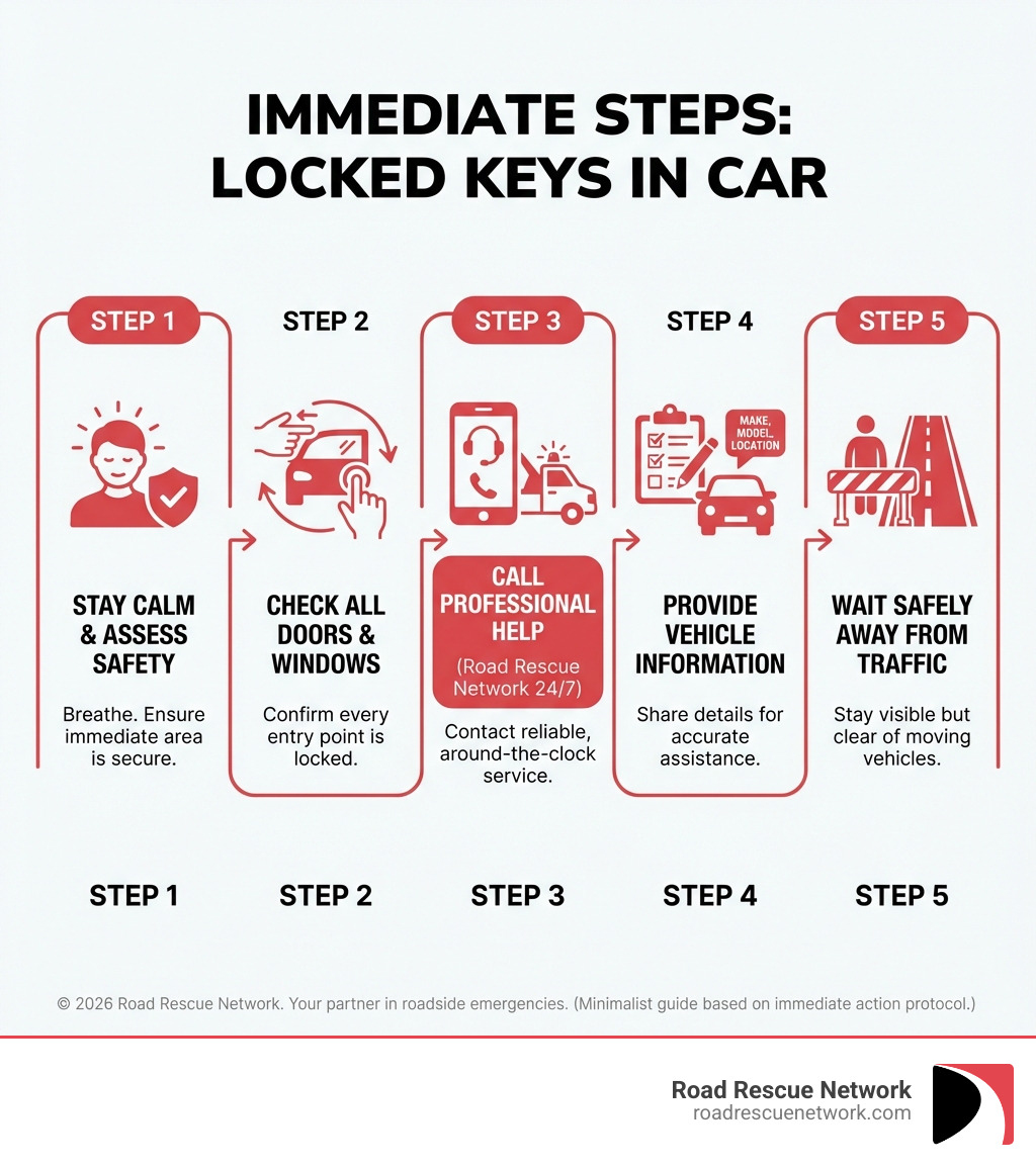 Infographic showing immediate steps when locked out: Step 1 - Stay Calm and Assess Safety, Step 2 - Check All Doors and Windows, Step 3 - Call Professional Help (Road Rescue Network 24/7), Step 4 - Provide Vehicle Information, Step 5 - Wait Safely Away From Traffic - Locked keys in car infographic Infographic showing immediate steps when locked out: Step 1 - Stay Calm and Assess Safety, Step 2 - Check All Doors and Windows, Step 3 - Call Professional Help (Road Rescue Network 24/7), Step 4 - Provide Vehicle Information, Step 5 - Wait Safely Away From Traffic - Locked keys in car infographic