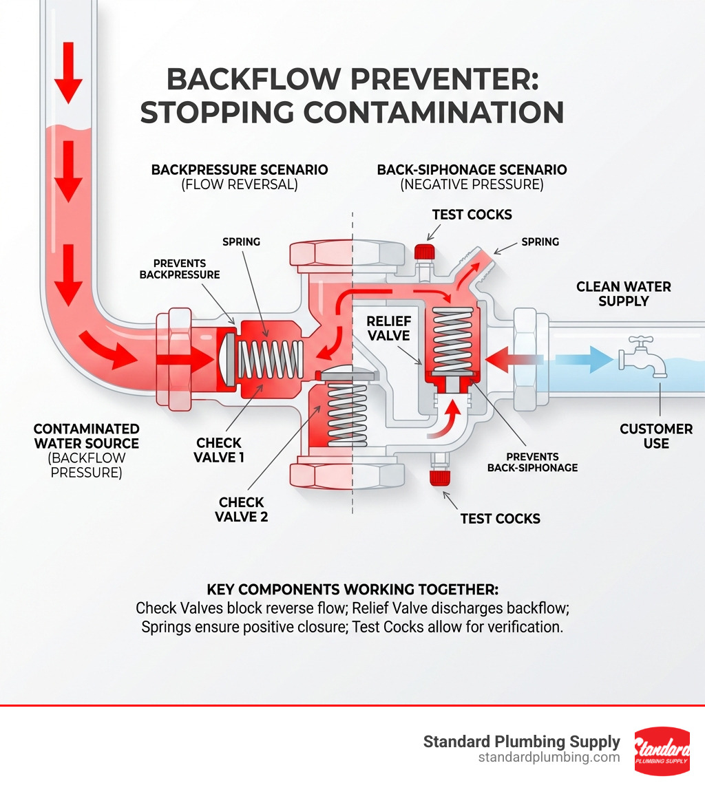 Infographic showing the flow of contaminated water being stopped by a backflow preventer, with labeled internal components including check valves, relief valve, springs, and test cocks, demonstrating how these parts work together to prevent backpressure and back-siphonage - backflow preventer parts infographic 