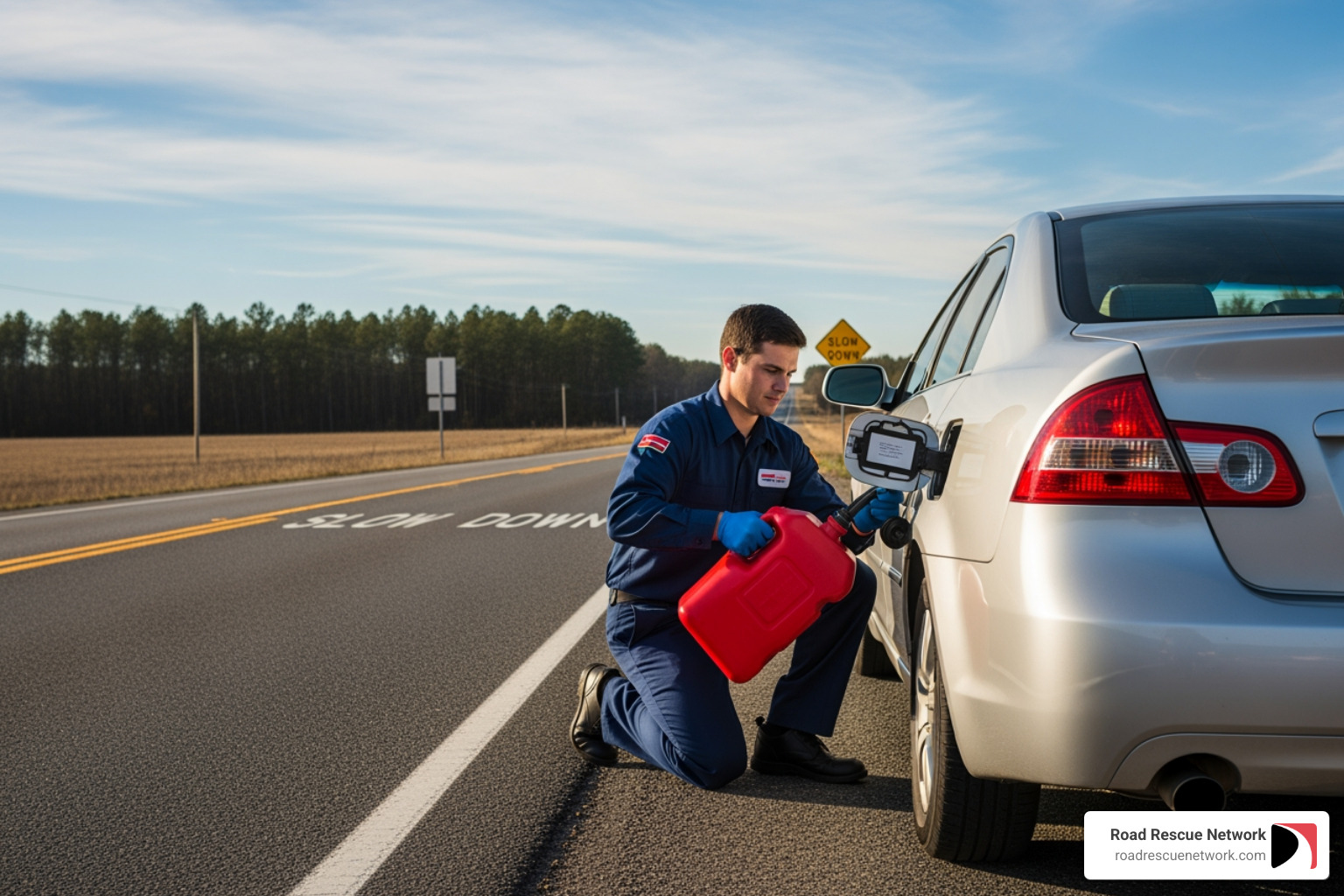 roadside technician refueling a car from a gas can - gas delivery service roadside best