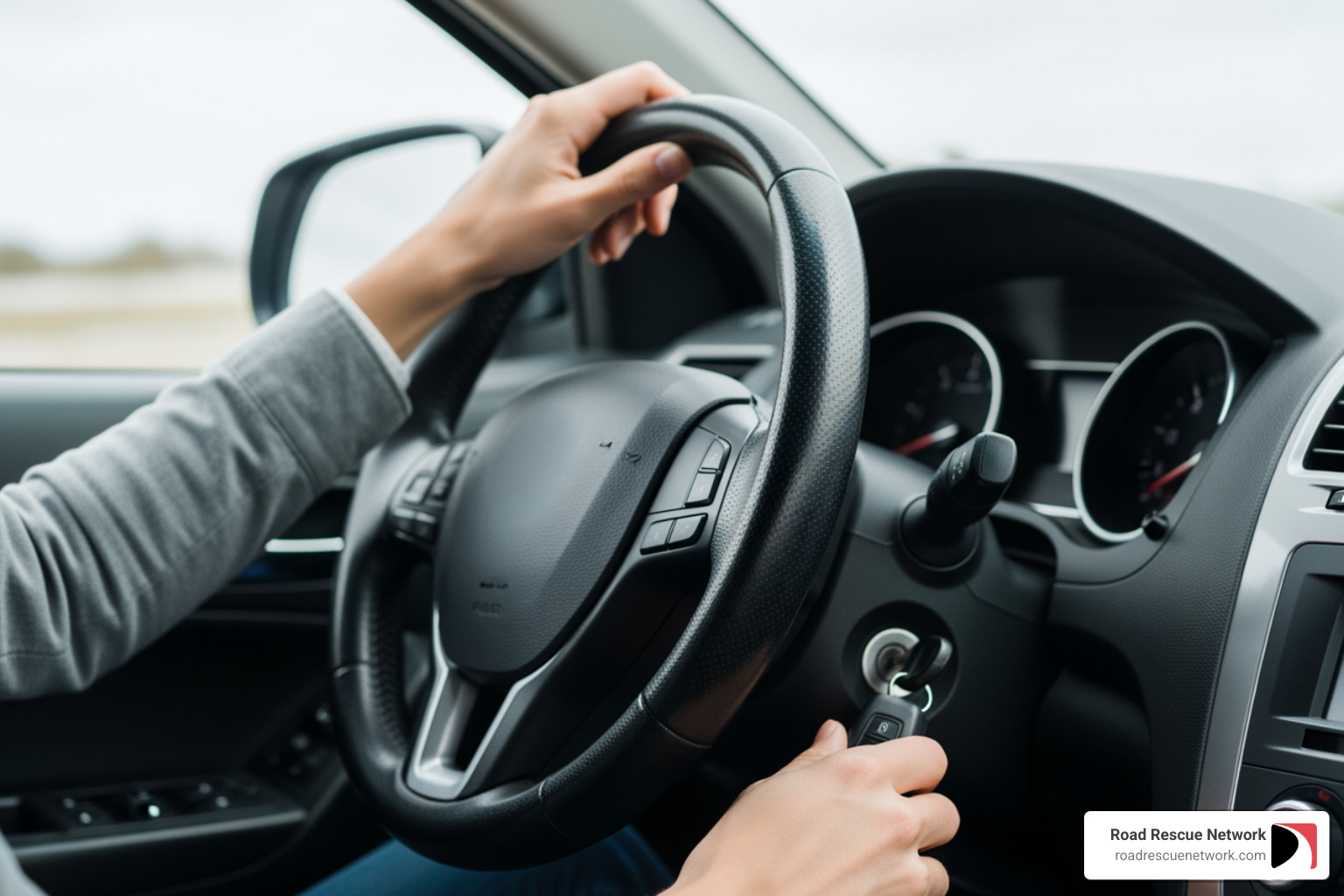 Person gently wiggling a steering wheel while the key is in the ignition - Keys in ignition