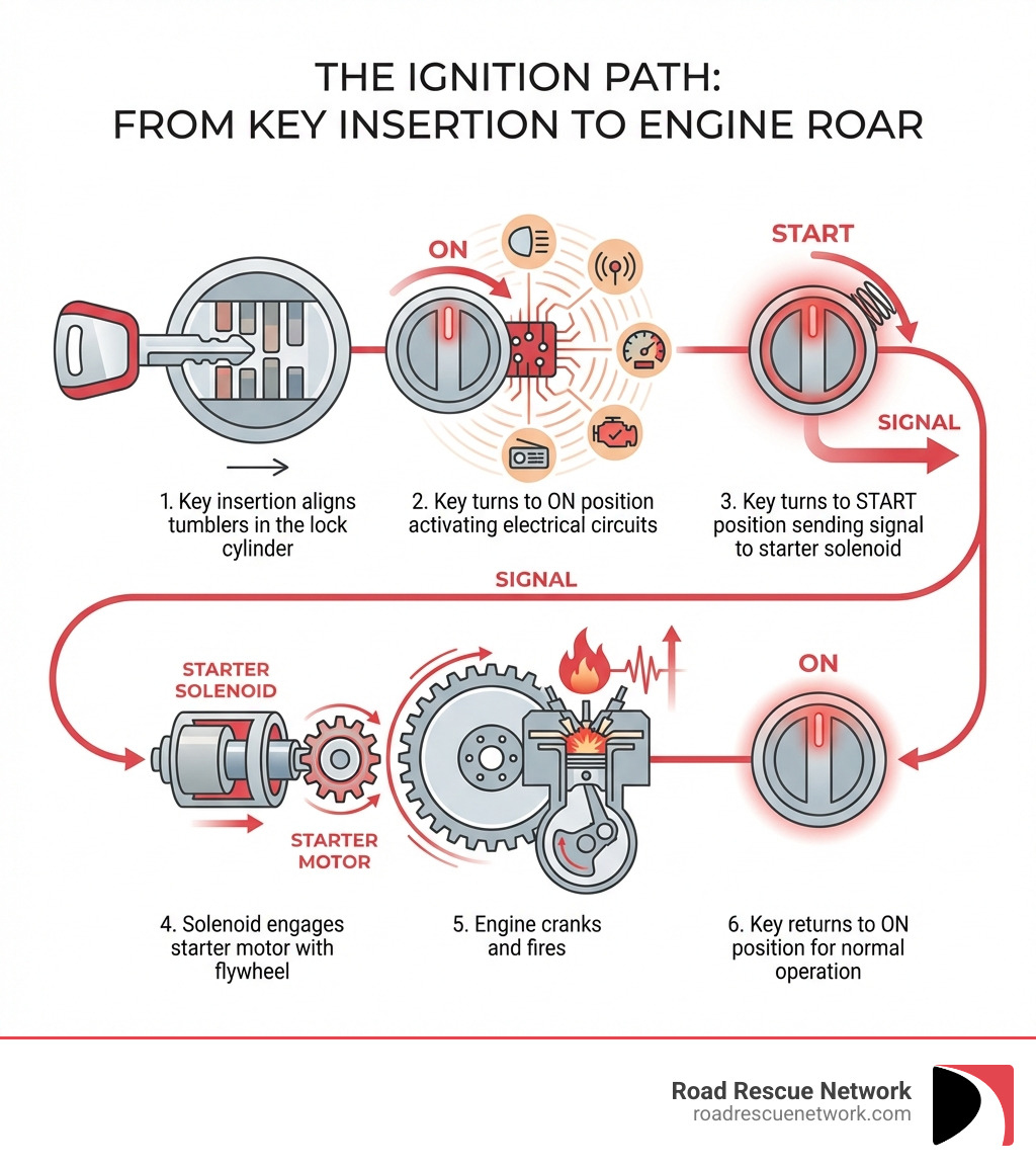 Infographic showing the ignition system path: Key insertion aligns tumblers in the lock cylinder, key turns to ON position activating electrical circuits, key turns to START position sending signal to starter solenoid, solenoid engages starter motor with flywheel, engine cranks and fires, key returns to ON position for normal operation - Keys in ignition infographic 