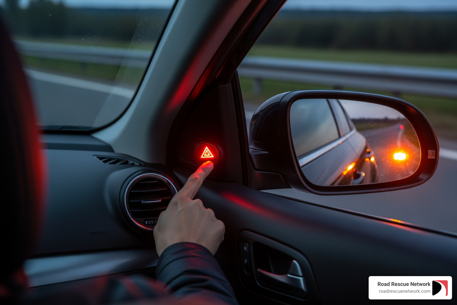 Driver turning on hazard lights - 24 hour flat fix and road service Driver turning on hazard lights - 24 hour flat fix and road service