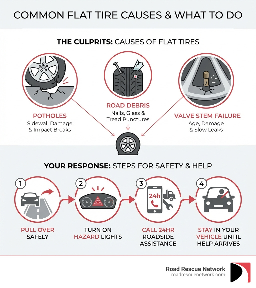 Infographic showing the most common causes of flat tires: potholes causing sidewall damage and impact breaks, road debris like nails and glass causing punctures in the tread area, valve stem failure from age or damage leading to slow leaks, and what to do in each situation - pull over safely, turn on hazard lights, call for 24 hour roadside assistance, and stay in your vehicle until help arrives - 24 hour flat fix and road service infographic Infographic showing the most common causes of flat tires: potholes causing sidewall damage and impact breaks, road debris like nails and glass causing punctures in the tread area, valve stem failure from age or damage leading to slow leaks, and what to do in each situation - pull over safely, turn on hazard lights, call for 24 hour roadside assistance, and stay in your vehicle until help arrives - 24 hour flat fix and road service infographic