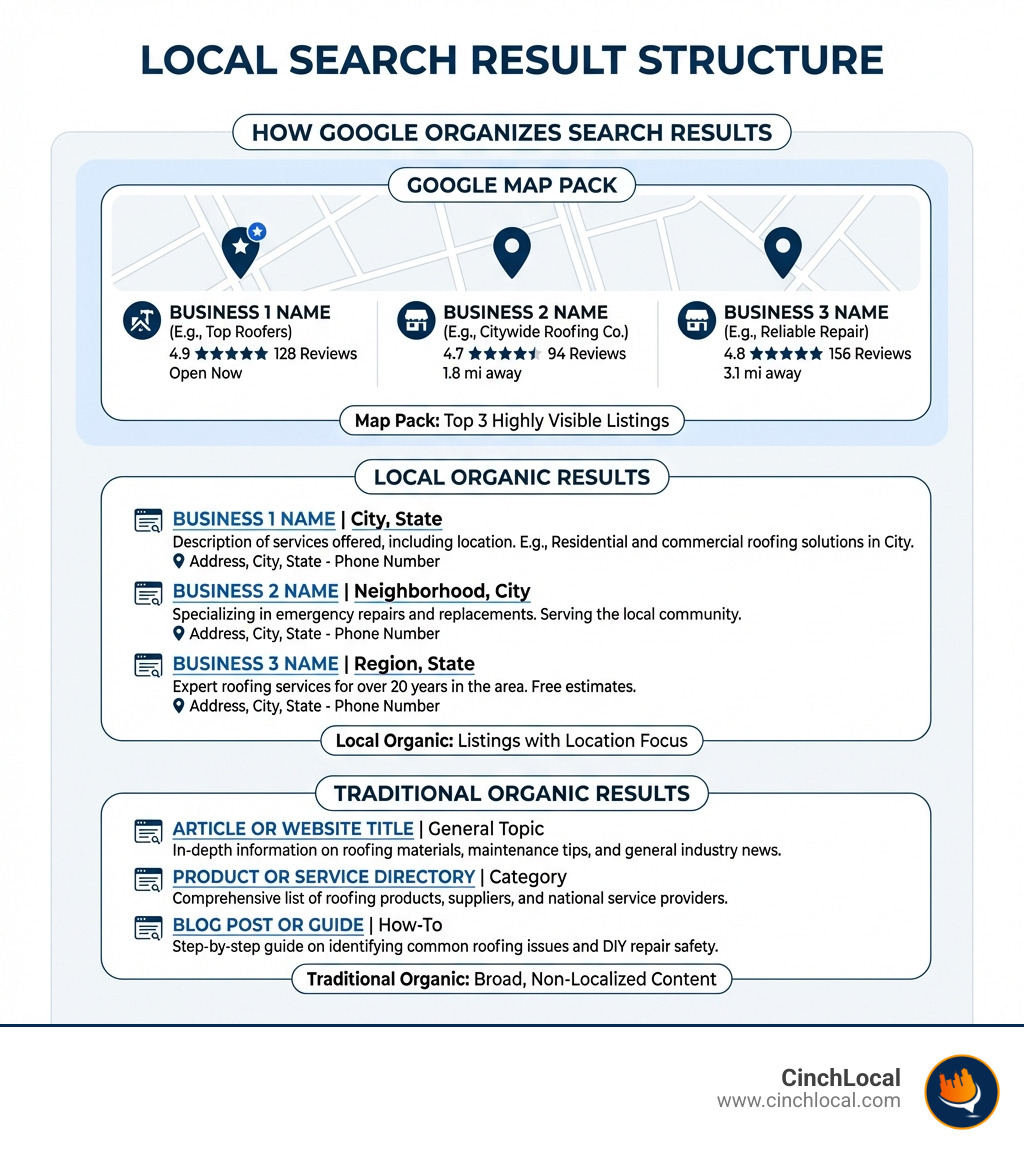 Infographic showing the structure of local search results with three distinct sections: Google Map Pack at the top featuring three businesses with map pins and star ratings, Local Organic Results below showing traditional blue link listings with location information, and Traditional Organic Results at the bottom displaying standard search results without geographic emphasis - local business ranking infographic 