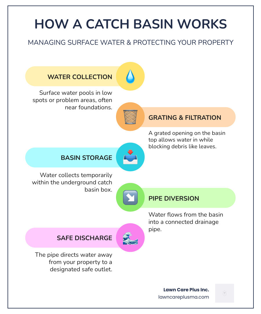 infographic explaining how a catch basin collects water and directs it into a drainage pipe - cost to install catch basin infographic infographic-line-5-steps-colors