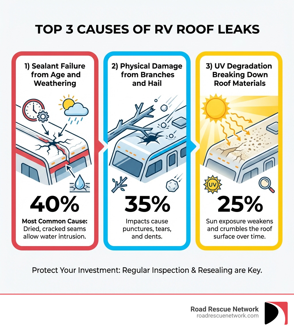 Infographic showing the top 3 causes of RV roof leaks: 1) Sealant failure from age and weathering (40%), 2) Physical damage from branches and hail (35%), 3) UV degradation breaking down roof materials (25%) - RV roof seal infographic Infographic showing the top 3 causes of RV roof leaks: 1) Sealant failure from age and weathering (40%), 2) Physical damage from branches and hail (35%), 3) UV degradation breaking down roof materials (25%) - RV roof seal infographic