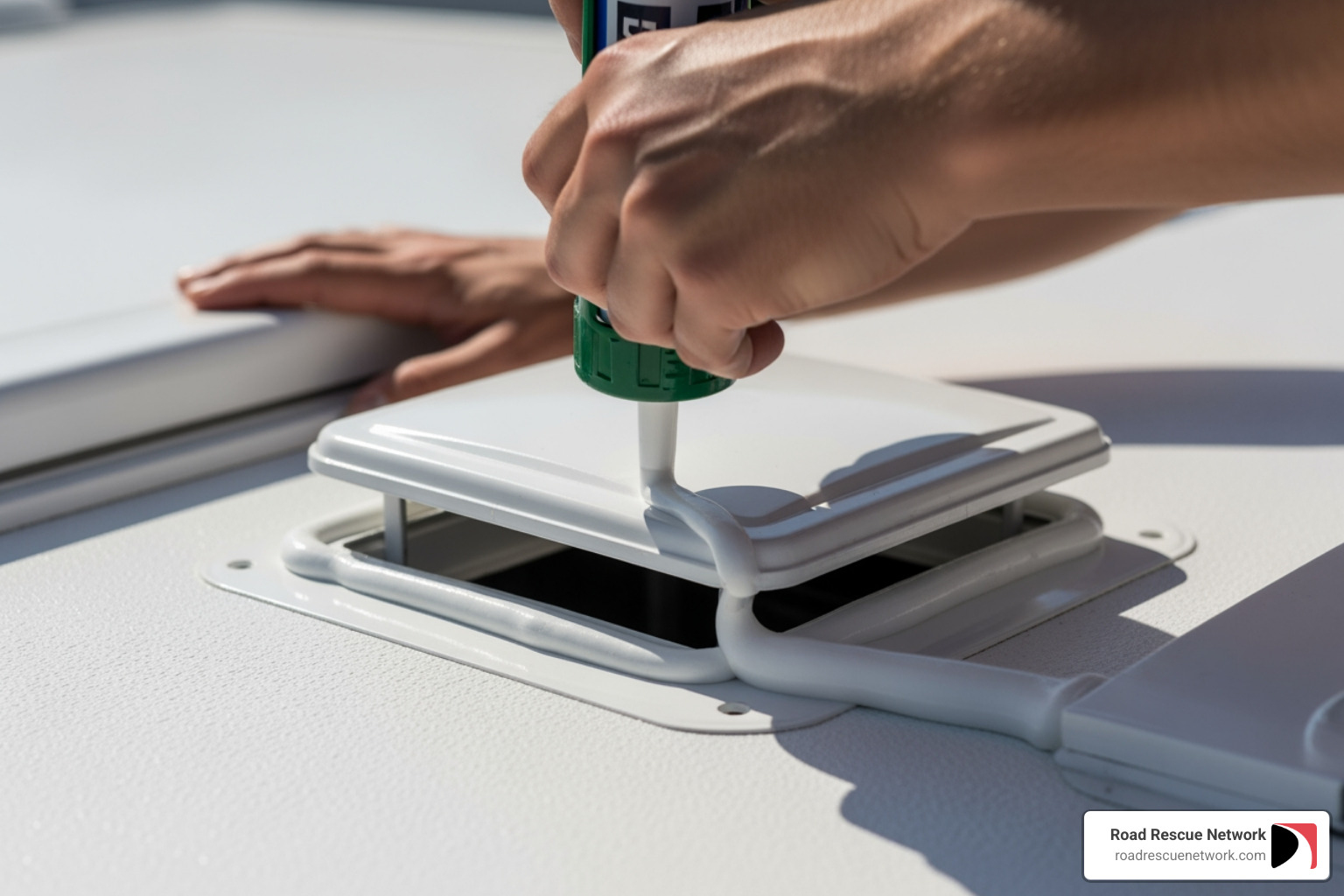 Person applying self-leveling sealant around an RV vent - RV roof seal Person applying self-leveling sealant around an RV vent - RV roof seal
