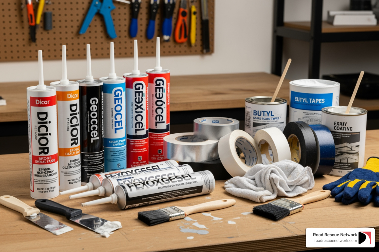 Various RV roof repair products on a workbench - RV roof repair Various RV roof repair products on a workbench - RV roof repair