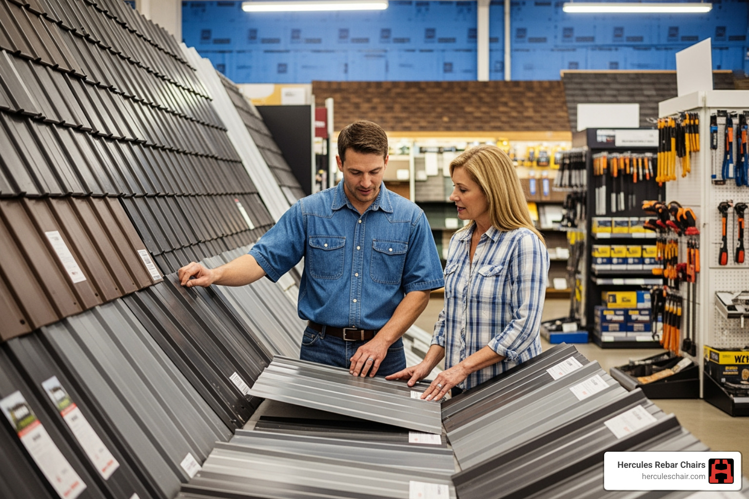 contractor and a homeowner looking at metal panel samples in a supply store showroom - metal roofing supply companies near me