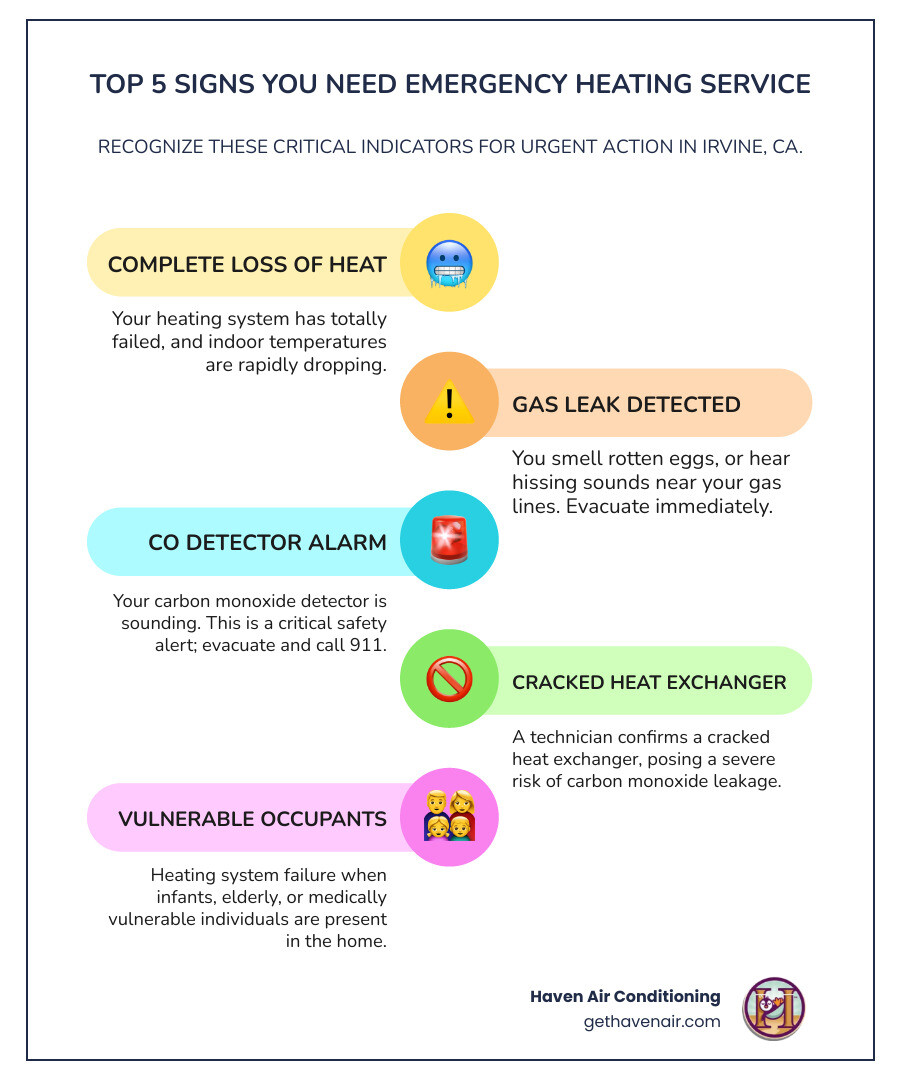 Infographic showing the top 5 signs you need emergency heating service: 1. Complete loss of heat with temperatures dropping, 2. Strong gas odor or hissing from gas lines, 3. Carbon monoxide detector alarm activated, 4. Cracked heat exchanger posing CO risk, 5. System failure with vulnerable family members present - 24 hour heating installation in irvine, ca infographic infographic-line-5-steps-colors Infographic showing the top 5 signs you need emergency heating service: 1. Complete loss of heat with temperatures dropping, 2. Strong gas odor or hissing from gas lines, 3. Carbon monoxide detector alarm activated, 4. Cracked heat exchanger posing CO risk, 5. System failure with vulnerable family members present - 24 hour heating installation in irvine, ca infographic infographic-line-5-steps-colors