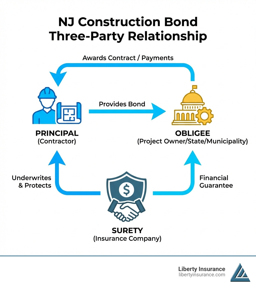 Infographic showing the three-party relationship in a construction bond: Principal (Contractor) provides the bond to the Obligee (Project Owner/State/Municipality) with financial guarantee from the Surety (Insurance Company). Arrows indicate the flow of obligations and protections between parties. - Construction bond NJ infographic 