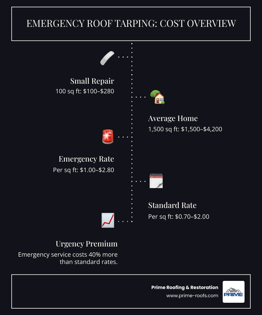 infographic showing emergency roof tarping cost breakdown by square footage (100, 500, 1500, 2500 sq ft), comparing DIY vs standard professional vs emergency professional rates, and highlighting key cost factors: materials, labor, roof pitch, damage severity, and emergency service premium - cost of emergency roof tarping infographic infographic-line-5-steps-dark
