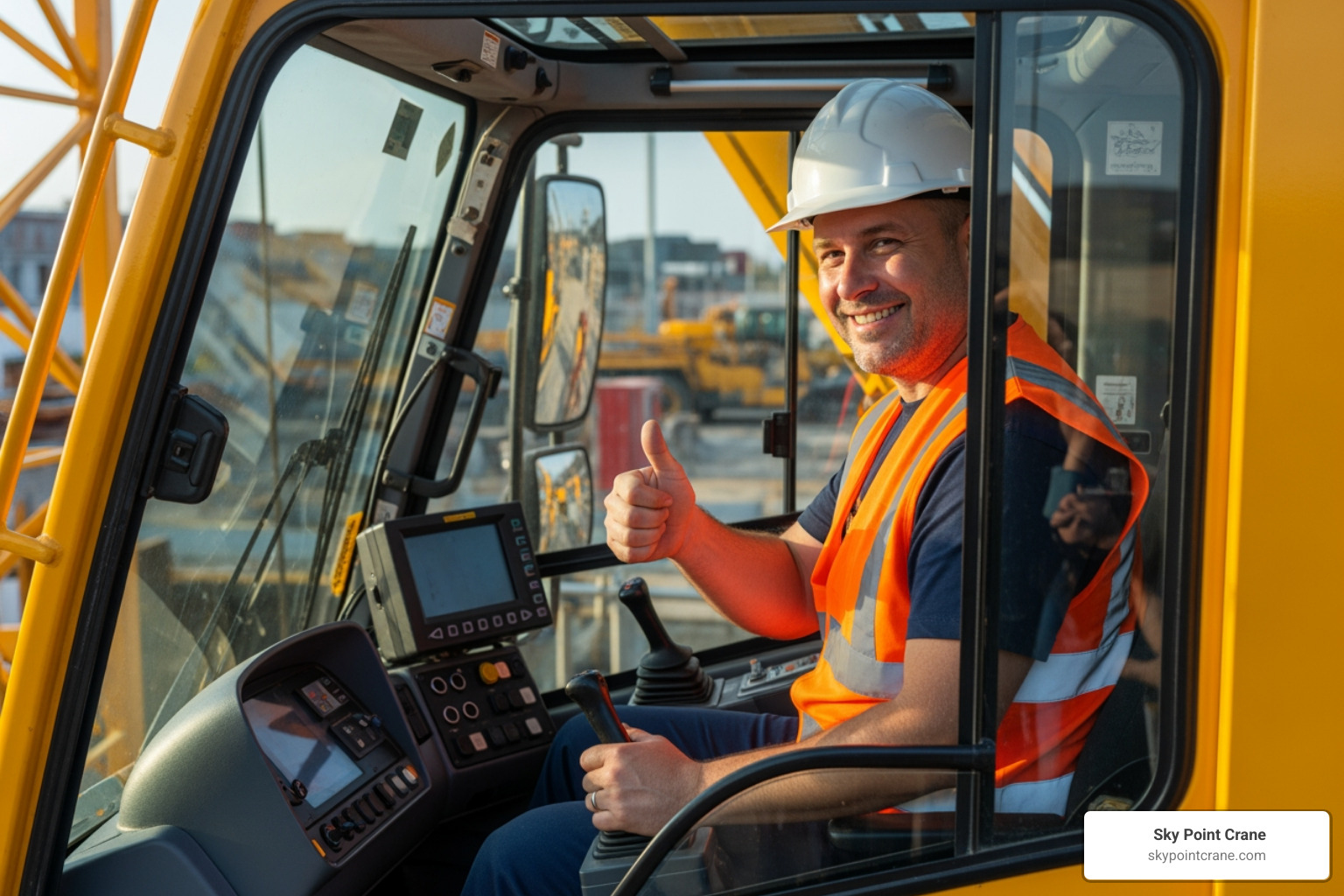 certified crane operator giving a thumbs-up from the cab - crane rental maryland