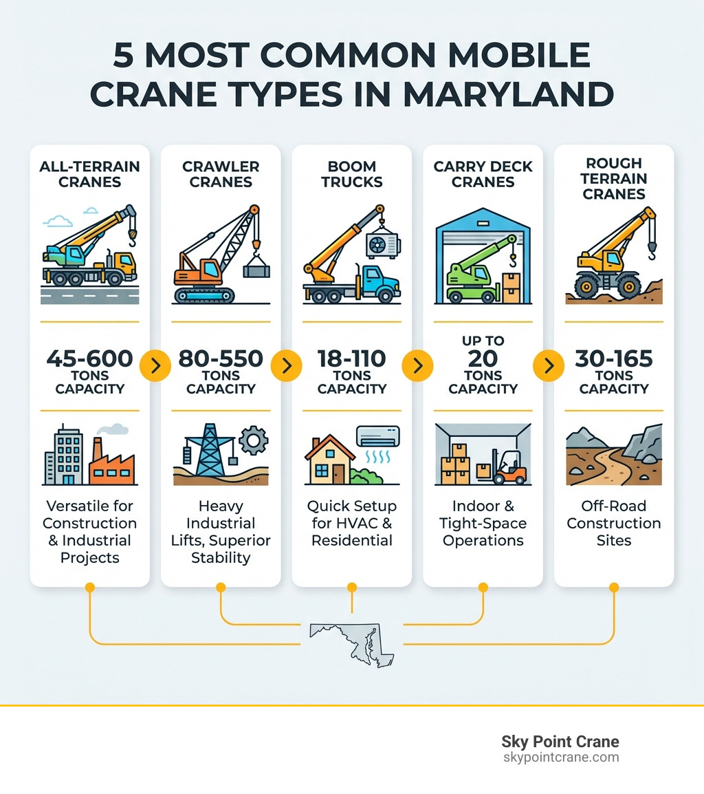 Infographic showing the 5 most common mobile crane types used in Maryland: All-Terrain Cranes for versatile construction projects with capacities from 45-600 tons, Crawler Cranes for heavy industrial lifts with 80-550 ton capacity and superior stability, Boom Trucks for quick-setup projects like HVAC installation ranging 18-110 tons, Carry Deck Cranes for indoor and tight-space operations up to 20 tons, and Rough Terrain Cranes for off-road construction sites with 30-165 ton capacity - crane rental maryland infographic 