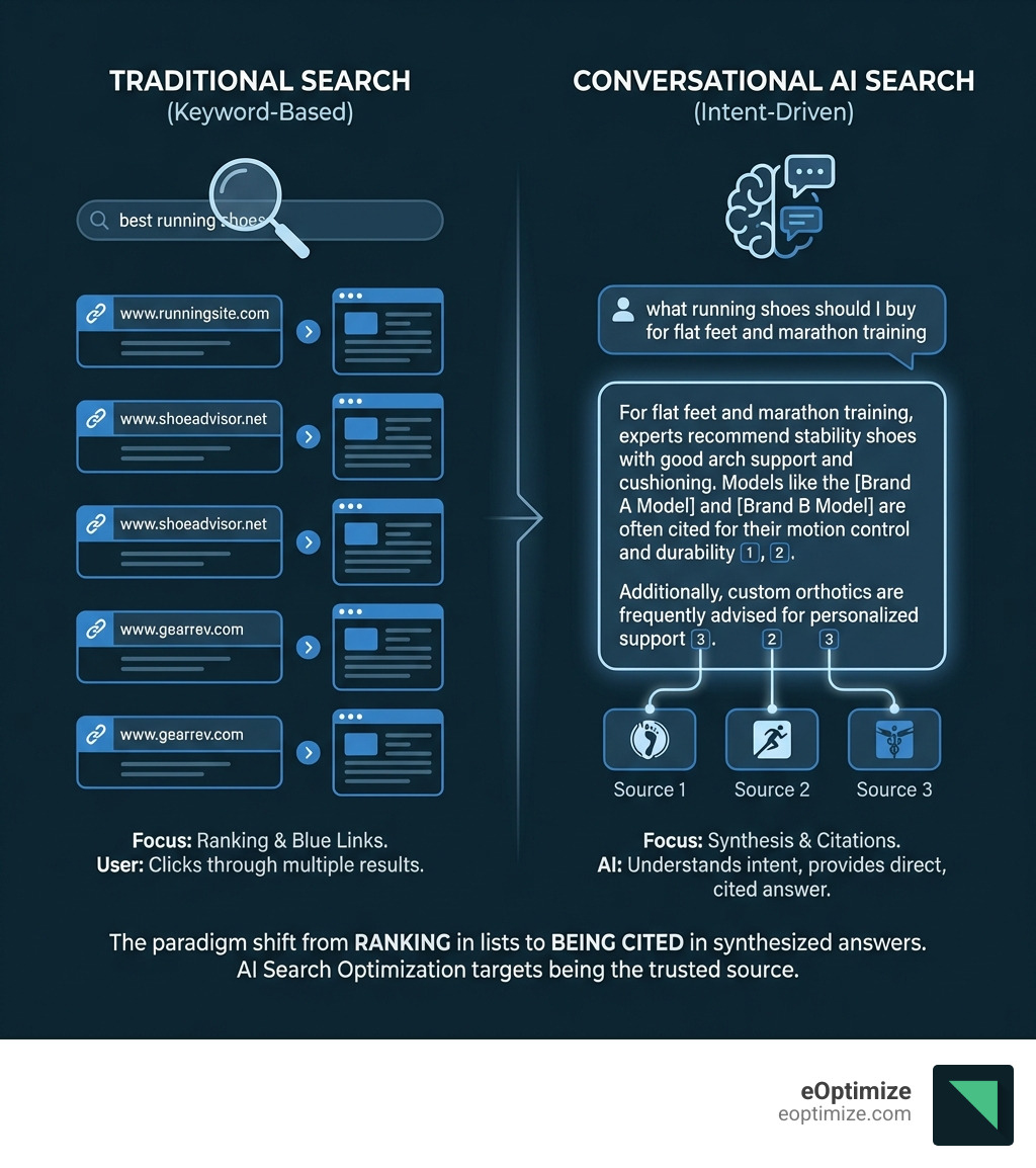Infographic comparing traditional keyword search query "best running shoes" showing a list of blue links versus conversational AI query "what running shoes should I buy for flat feet and marathon training" showing a synthesized answer with citations - AI search optimization company infographic Infographic comparing traditional keyword search query "best running shoes" showing a list of blue links versus conversational AI query "what running shoes should I buy for flat feet and marathon training" showing a synthesized answer with citations - AI search optimization company infographic