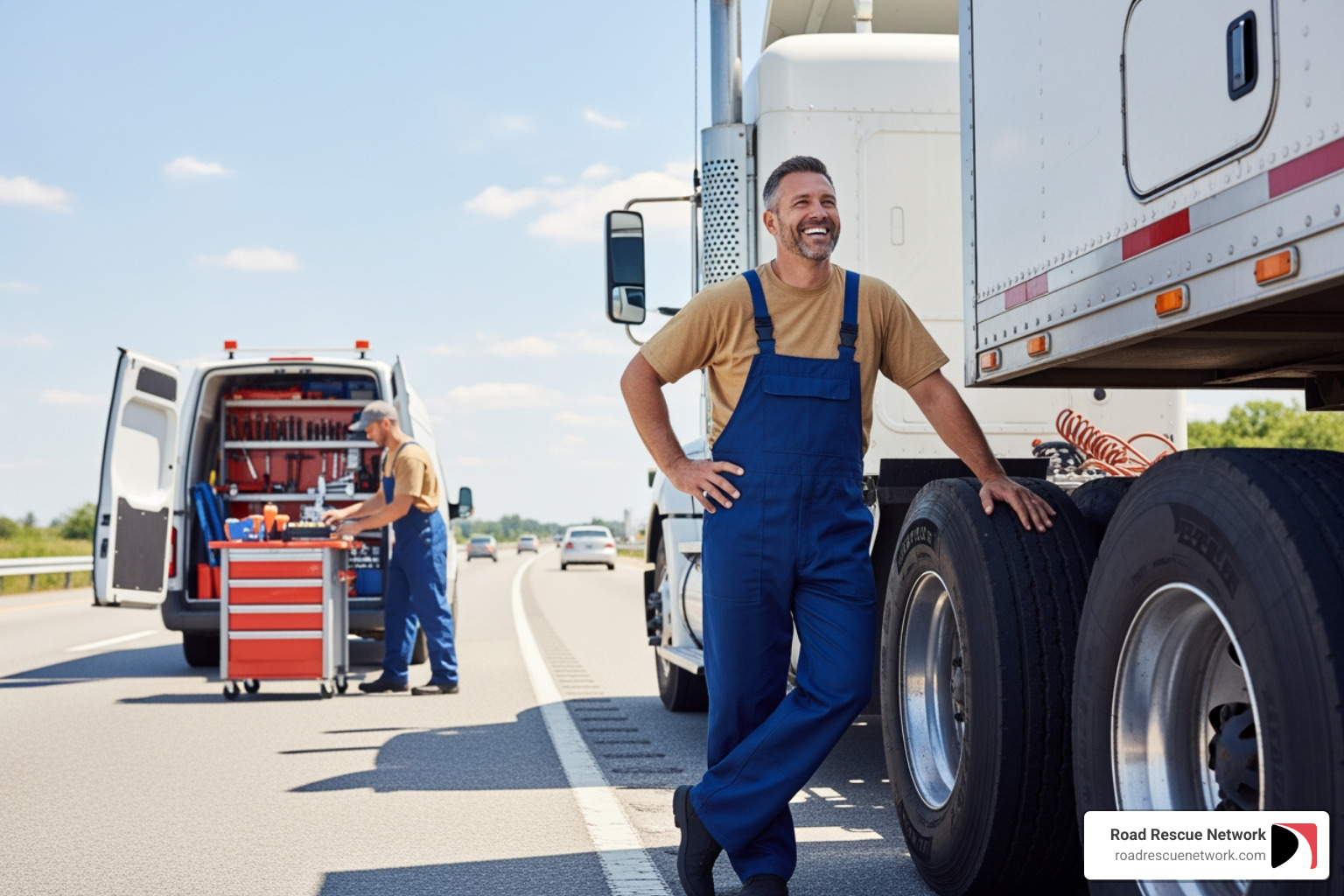 Relieved driver next to repaired truck - 24 7 mobile truck repair